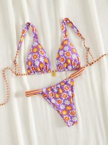 2pcs/Set New Soft Cup Adjustable Strap Printed Tie Front Elegant Party Bikini Swimwear, Summer Beach Fashion Swimwear For Women - Purple - View 9