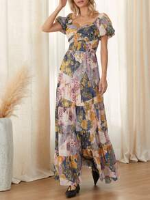 Women's Summer Casual Long Dress Flower Print Long Dress Short Puff Sleeve Sweetheart Neck Tunic Waist A-Line Dress - Màu vàng - Xem 3