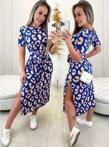Women's Long Viscose Dress With Leopard Print Knit - Blue - View 1