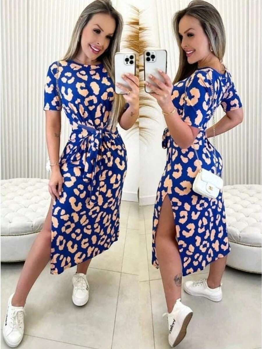 Women's Long Viscose Dress With Leopard Print Knit - Blue - View 1
