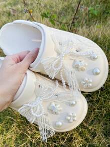 10pcs/Pack Ivory Lace Bow Shoe Charms, Fit For Clogs, Slides, Sandals, Garden Shoes, DIY Shoe Accessories
