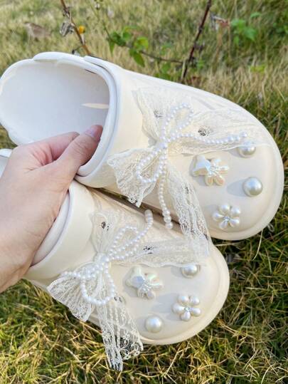 10 件/包象牙色蕾丝蝴蝶结鞋饰，适合木屐、拖鞋、凉鞋、花园鞋、DIY 鞋配件