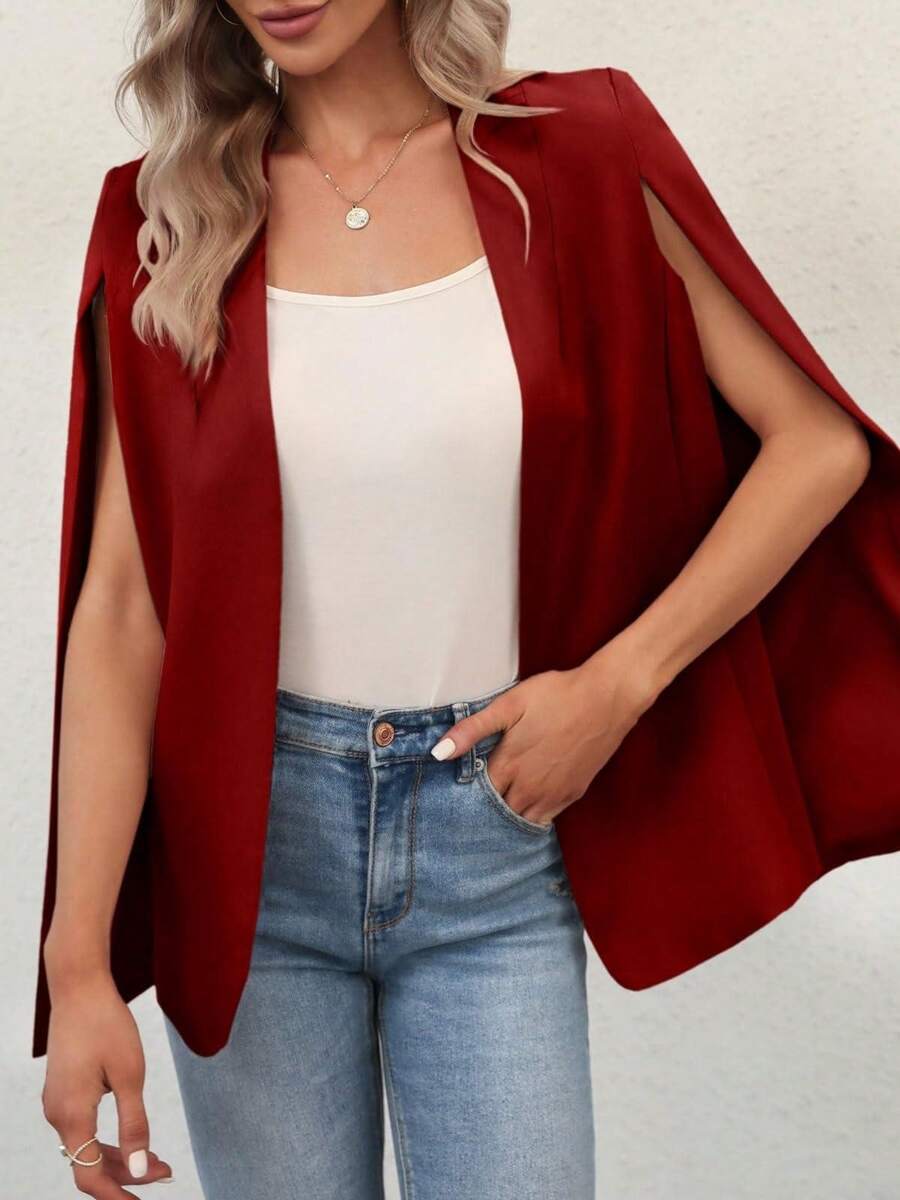 Women's Cape Blazer Split Sleeve Open Front Casual Jacket For Workwear - Burgundy - View 1