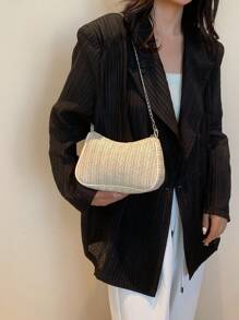 新款春夏时尚百搭纯色女士草编链条腋下单肩法棍包手提包休闲斜挎包沙滩包 - 米色 - 查看 4