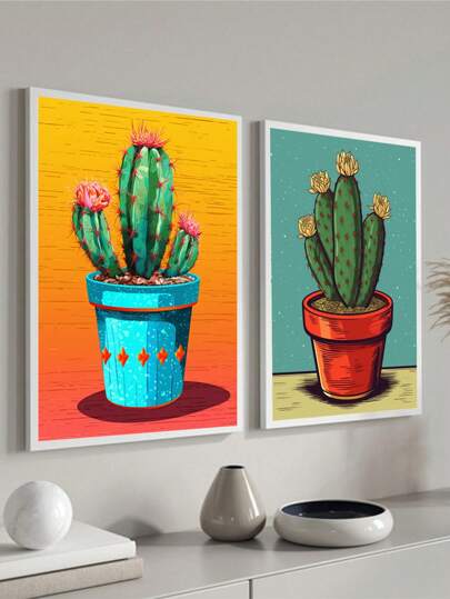 Kit 2 Quadros Decorativos Cactos Suculenta – Ideal para Sala de Estar, Escritório, Hall de Entrada, Quarto e Ambientes Modernos – Arte Abstrata para Decoração Elegante e Sofisticada