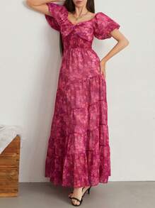 Women's Flower Print Long Dress Short Puff Sleeve Sweetheart Neck Tunic Waist A-Line Dress - Màu tím - Xem 4