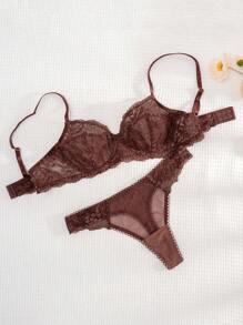 1 Set Women Solid Color Lace Comfortable Underwear Lingerie Bra And Panty Set
