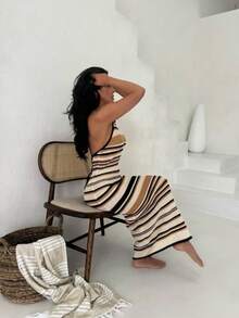 Vivid Style Sexy Hollow Out Sleeveless Fitted Striped Knit Beach Dress, Suitable For Summer Vacation, Christmas, New Year - Multicolor - View 3