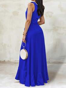 Women's Elegant Off Shoulder Deep V Neck Ruffle Leg Slit Maxi Dress - Blue - View 2
