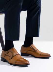 SHOESMALL Men's Dress Loafers Leather Double Monk Strap Oxford Slip On Cap Toe Dress Brown Shoes For Men - AMY9028-nâu - Xem 4