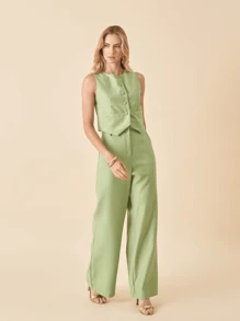 Linen Set With High Collar Vest And Pants With Lined Button Details - Green - View 1