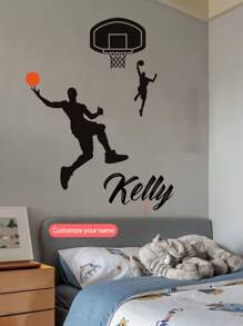 1pc Basketball Player Shooting Cartoon Wall Sticker, Customizable Text Wall Decal, Removable PVC Wall Art Decor For Bedroom, Living Room, Office, School Classroom - Black - View 5