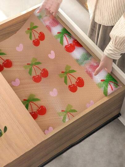 1 Roll Non-Adhesive Cabinet Liner, Red Cherry Pattern Drawer Liner, Non-Slip Refrigerator Liner, Waterproof & Oil-Proof EVA Refrigerator Liner, Transparent Fruit Print Cabinet Liner, Dining Table Mat