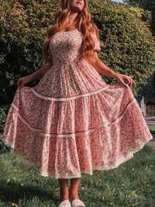 Mother Daughter Matching Dresses Summer Floral Short Sleeves A-Line Dress Mom And Me Family Matching Outfits - Pink - View 3