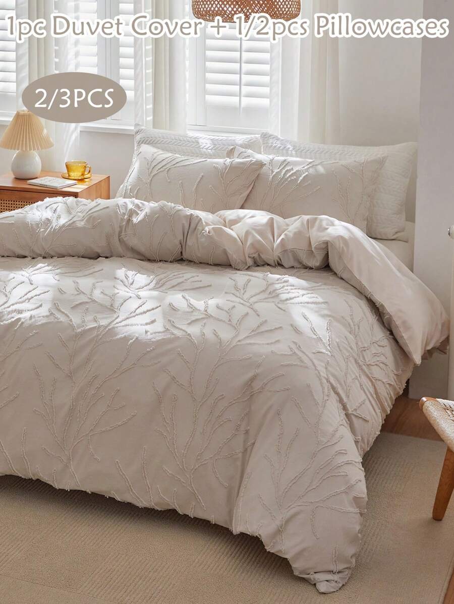 2/3pcs Bohemian Branch Pattern Plush Fiber Duvet Cover Set, Minimalist & For All Seasons (1 Duvet Cover + 1/2 Pillow Sham) - Beige - View 1