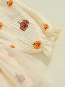Baby Girl Halloween Outfits Long Sleeve Pumpkin Smocked Bodysuit Dress With Headband Set Bubble Romper Infant Clothes - Apricot - View 5