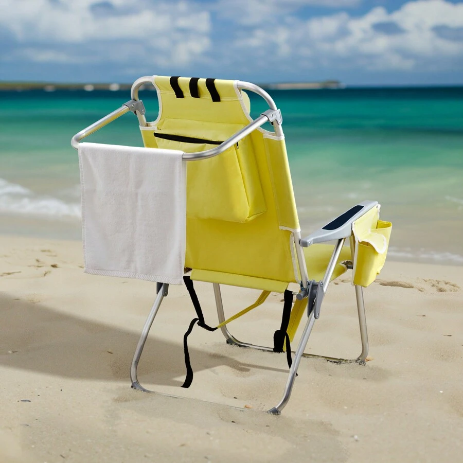 1pc Folding Beach Chair, Outdoor Chair, Back Bag And Side Cup Holder, (24.8 X 27.56 X 38.98) In  Heightened Oxford Cloth Silver White Aluminum Tube Bearing 100kg Beach Chair Yellow