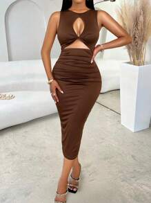 abyoxi Solid Color Sexy Front Hollowed Twist Pleated Slim Fit Midi Bodycon Dress Casual Commute Fashionable Hot Girl Style Homecoming Spring And Summer New Women's Clothing
