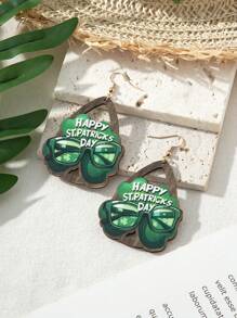 1 Pair New 2025 St. Patrick's Day Themed Four-Leaf Clover Glasses & Wooden Earrings, Holiday Event Accessories For Women