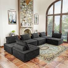 Sofá modular en forma de U con asiento profundo, de estilo moderno y sobredimensionado, con tela de pana cómoda, sofá seccional convertible con almohada móvil para sala de estar en el hogar, color negro - Negro - Ver 4