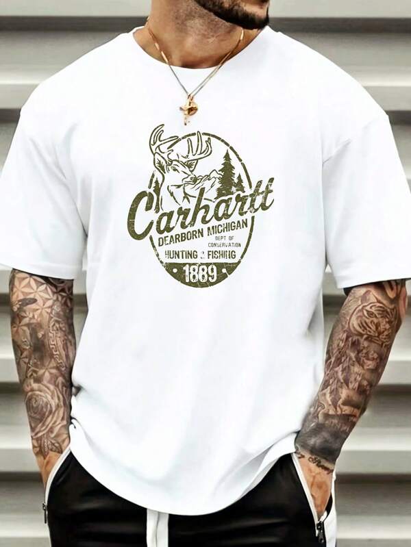 Fashionable And Casual Retro Deer Popular Letter Pattern Print, Men's Summer 100% White Pure Cotton Round Neck Short Sleeved Casual T-Shirt, Suitable For Outdoor, Daily Wear And Friend Gifts