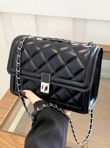 时尚纯色绗缝方形链条单肩包，百搭翻盖宴会包新款轻便手提包和钱包，适合白领和学生的日常通勤斜挎包，休闲手机零钱斜挎包