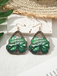 1 Pair New 2025 St. Patrick's Day Themed Four-Leaf Clover Glasses & Wooden Earrings, Holiday Event Accessories For Women