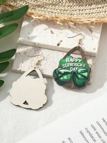 1 Pair New 2025 St. Patrick's Day Themed Four-Leaf Clover Glasses & Wooden Earrings, Holiday Event Accessories For Women