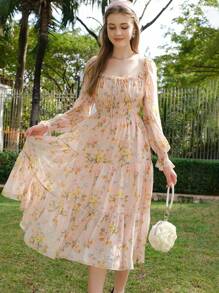 Đầm midi cổ vuông tay dài in họa tiết hoa toàn thân buộc dây phía trước cho nữ - Hồng - Xem 5