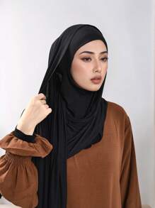 两件套女士穆斯林时尚纯色头巾套装，舒适针织头巾，适合日常祈祷和户外穿着。 - 下巴帽+圍巾 - 查看 3