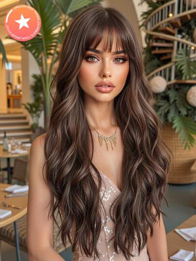 26英寸巧克力棕色波浪层次蝴蝶发型合成纤维假发，带刘海，适合日常佩戴和派对场合