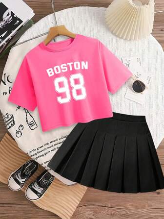 Tween Girl 2 件“98”印花圆领短袖 T 恤和百褶裙套装，春夏女孩服装