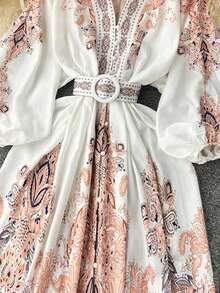 Long Floral Print Balloon Sleeve Button Front Dress - Yellow - View 3