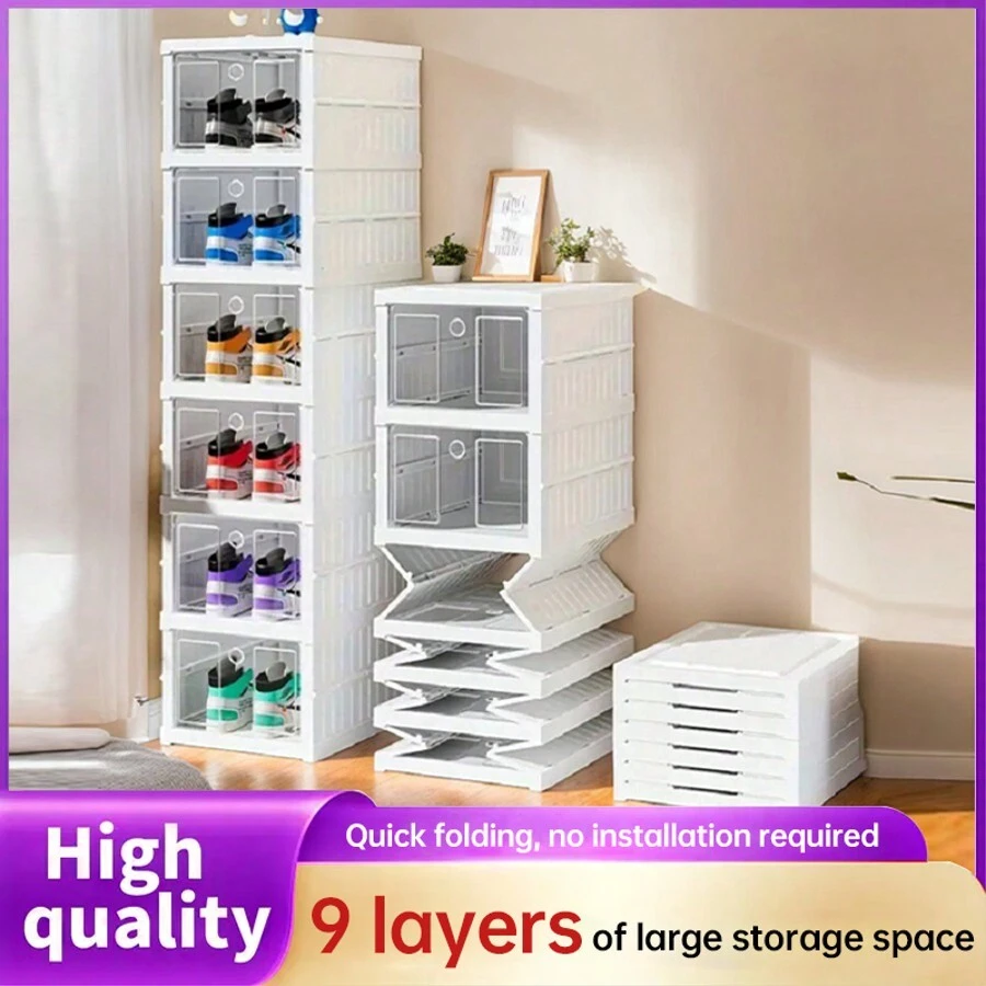 9 Stackable Folding Shoe Boxes With Doors - Dust-Proof Plastic Sneaker Storage Boxes, Space-Saving Storage For Entryway, Bedroom, Home And Dorm - White - View 1