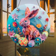 1 件复活节兔子亚克力墙标 - 圆形门挂饰，带有花朵和鸡蛋设计 - 户外复活节花环装饰、最佳复活节礼物、复活节饰品、节日装饰品 - 亞克力-圓 - 查看 4