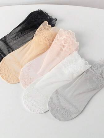 5 双纯色薄款透气隐形袜子，时尚中筒大玫瑰防滑硅胶女士袜子，适合夏季