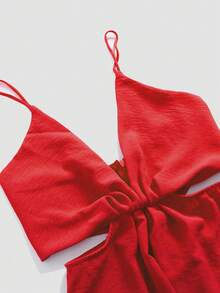 Women's Solid Color Jumpsuit Spaghetti Strap Backless Casual Wide Leg Pants - Red - View 3