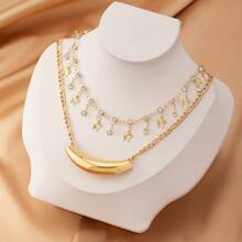 1pc Elegant European Fashion Metal Shell Rhinestone Double-Layer Necklace Set For Women