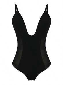 FeelinGirl Plus Size Women's Tummy Control Shapewear Bodysuit Deep U Neck Thong Body Shaper Seamless Slimming Shapewear - 黑色 - 查看 8