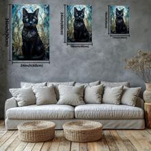 Black Cat Portrait In Stained Glass Style. Large Wooden Framed Wall Art Artist Home Decoration Oil Painting - Bedroom, Bathroom, Living Room, Office, Kitchen, Christmas Gifts - 1 Piece
