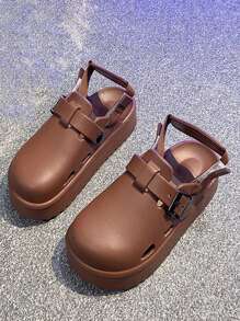 Women's Round Toe Buckle Flat Non-Slip Wear-Resistant Slip-On Casual Hollow Shoes, Run Small By Half Size - Brown - View 1