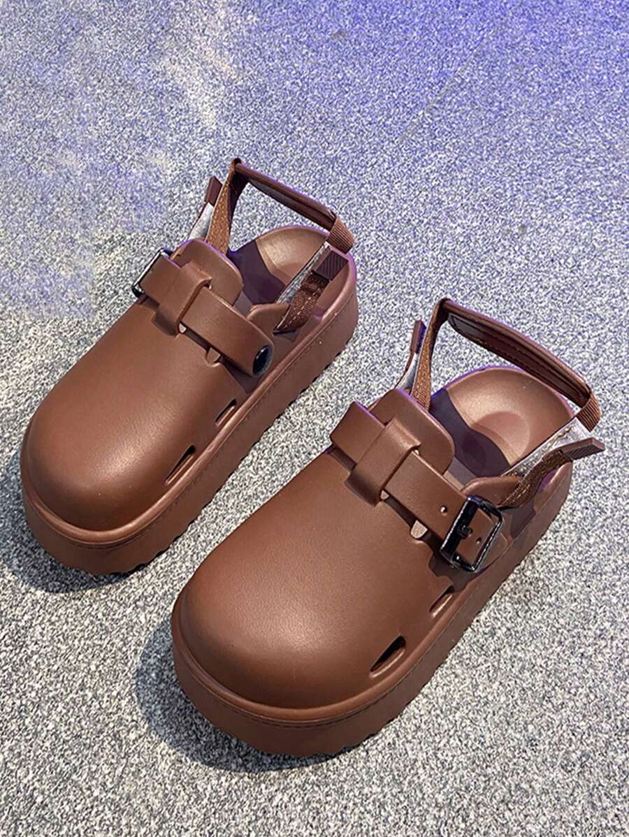 Women's Round Toe Buckle Flat Non-Slip Wear-Resistant Slip-On Casual Hollow Shoes, Run Small By Half Size - Brown - View 1