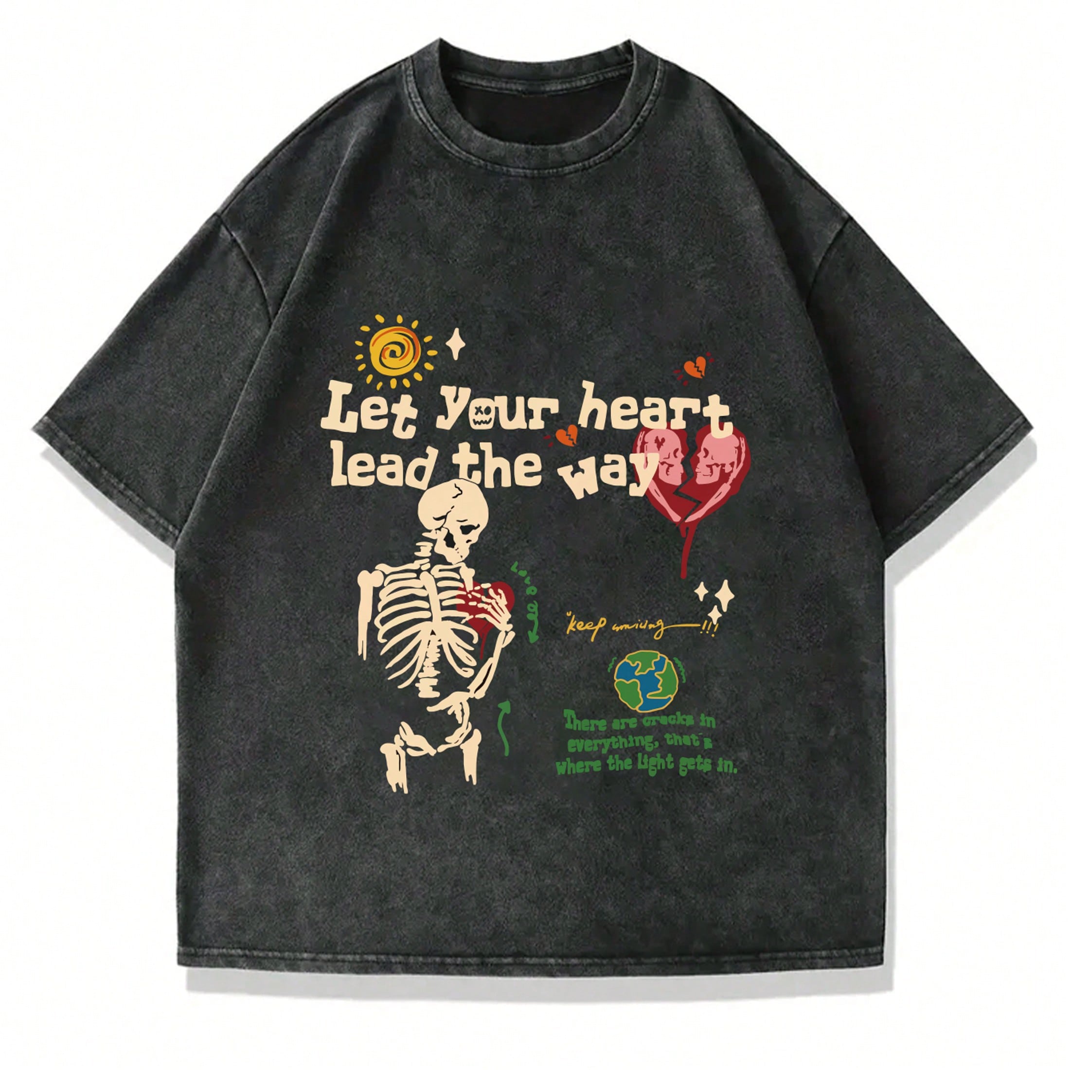 Camiseta de verano informal para hombres talla grande, con cuello rasgado y estampado inglés con corazón, cuello redondo lavado