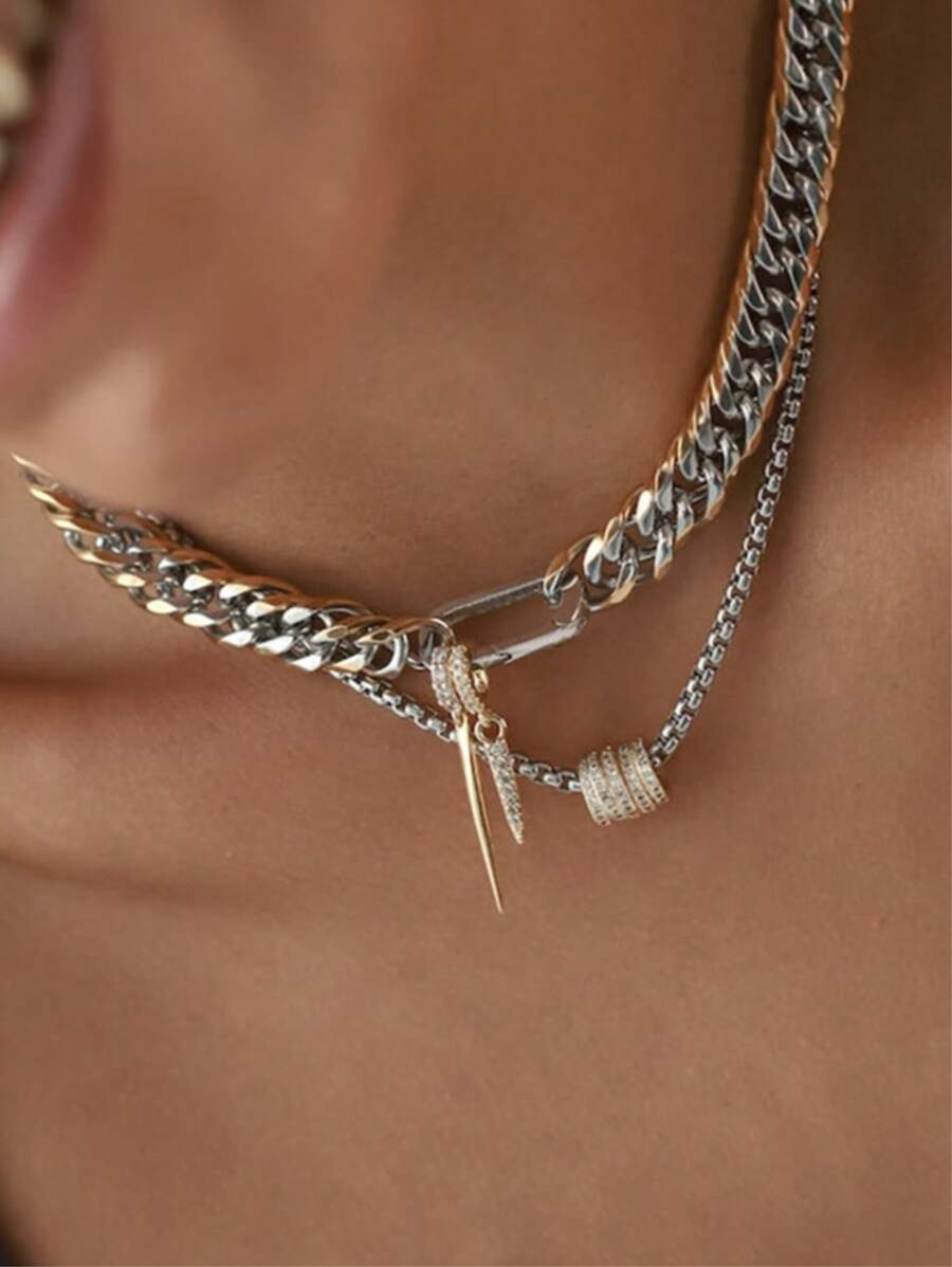 1Pc Chunky Necklace With An Extra-Long Tapered Pendant, A Diamond Circle Pendant Necklace, A Snake Bone Necklace, Fashionable And Advanced, Simple And Generous, Suitable For Ladies To Wear On Important Occasions. - Gold - View 1