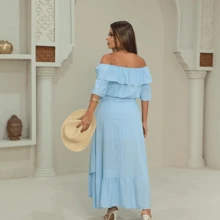 Women's Set Wrap Skirt And Cropped Top With  Sleeves, Wrap Skirt With Tie And Off-The-Shoulder Blouse, Long Skirt And Cropped Top Set. Two-Piece Set Long Skirt With  Sleeve Top - 淡藍色裹身裙套裝 - 查看 4