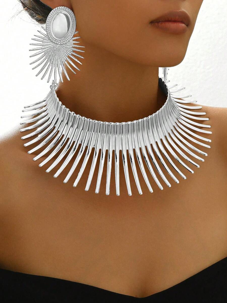 3 件套夸张欧式阿拉伯时尚新款创意海胆项链耳环套装 - 銀色 - 查看 1