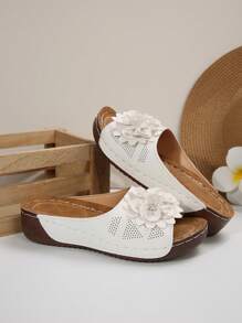 Women's Platform Wedge Sandals, Thick Sole Slip-On Outdoor Water-Resistant Non-Slip Slippers With Floral Decor, Summer - White - View 5