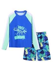 New Stylish Dinosaur Print Tankini Swimsuit Set For Teenage Boys, Long Sleeve Top And Shorts - Multicolor - View 3