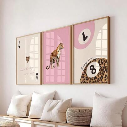 1/3pcs Red And Pink Leopard Cheetah Wall Art Picture How Lucky Are We Canvas Prints Paintings Lucky 8 Ball Posters Preppy Girly Decor For Bedroom, Living Room Room,Dorm Wall Decor Unframed