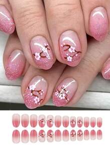 24 Peças Unhas Redondas Curtas, Unhas Postiças Criativas de Flor Amarela, Unhas Adesivas. Suprimentos de Unhas